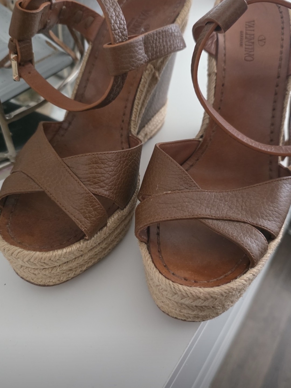 Valentino Garavani Brown Leather Espadrille Wedge Sandals